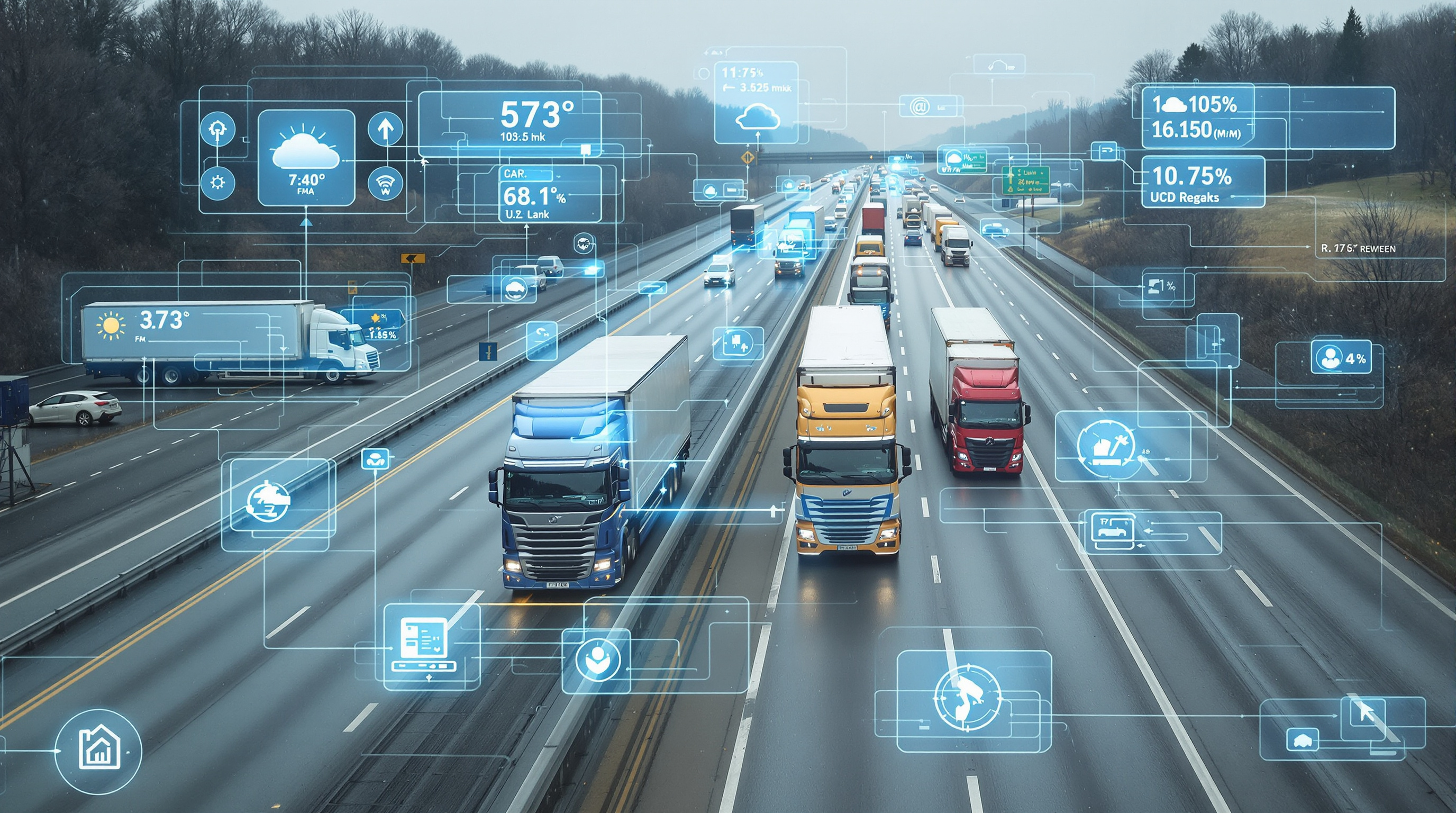 Cargo trucks on a highway with visualized route optimization through traffic and weather analytics overlays