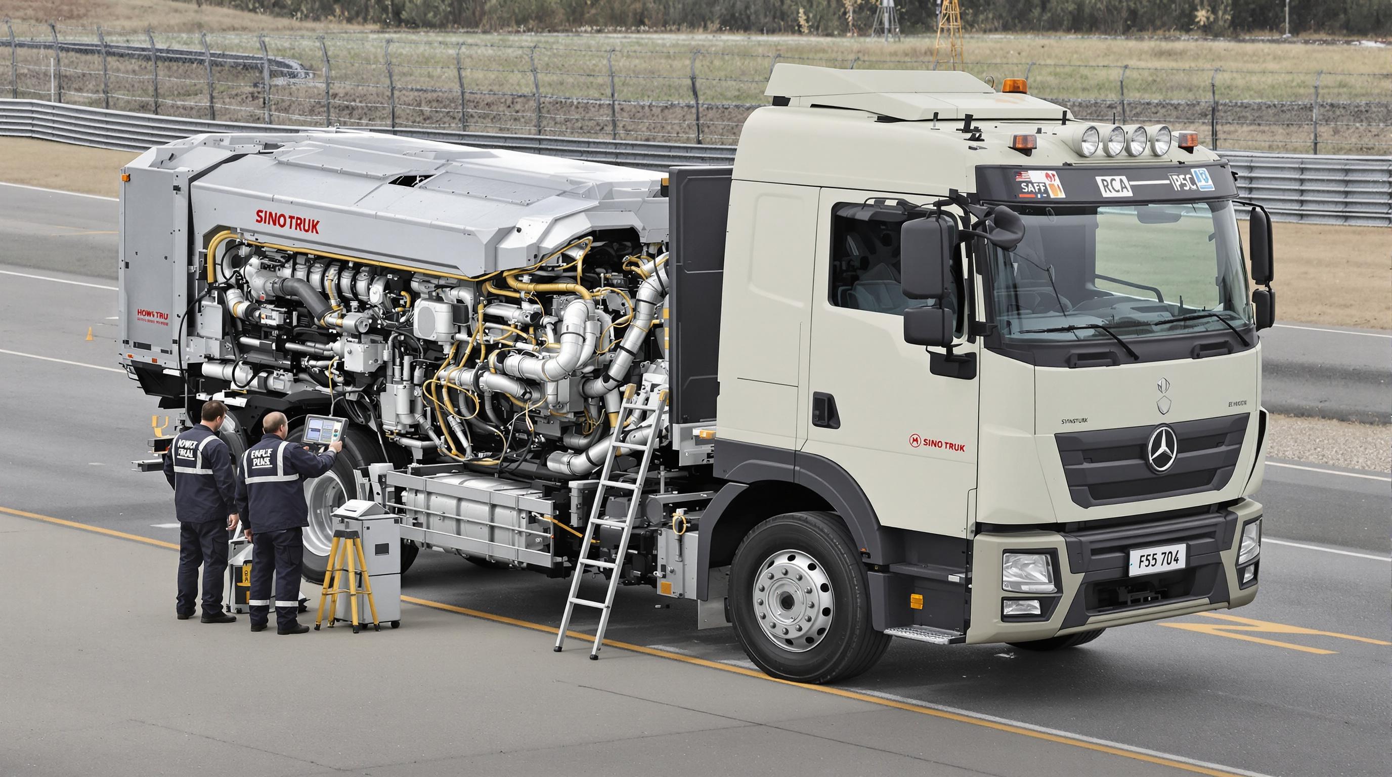 Engineers monitoring a Howo Sinotruk truck with visible engine components and diagnostic equipment on a test track