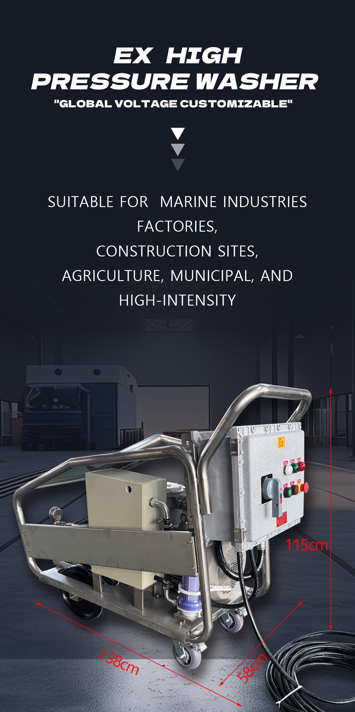 22KW 8700Psi 600Bar 18LPM 440V60Hz Industrial Ex High Pressure Washer Remove Rust Deburring Ship Deck Cleaning factory