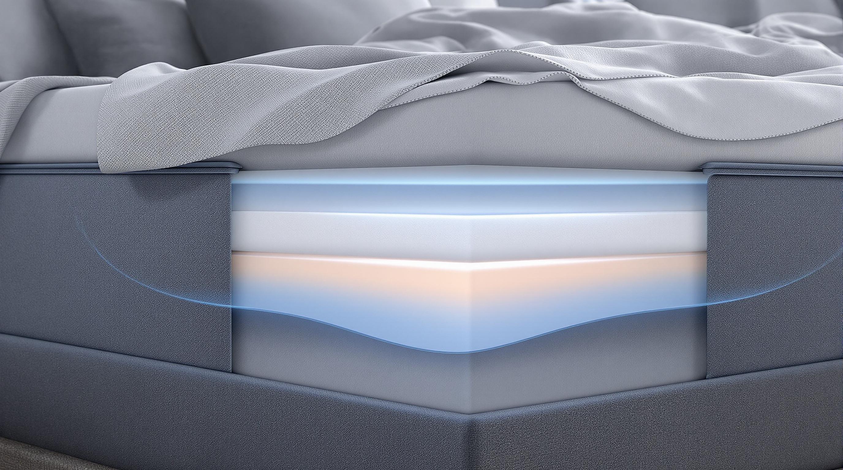 cross-section of a mattress illustrating cooling fabric layers and airflow features