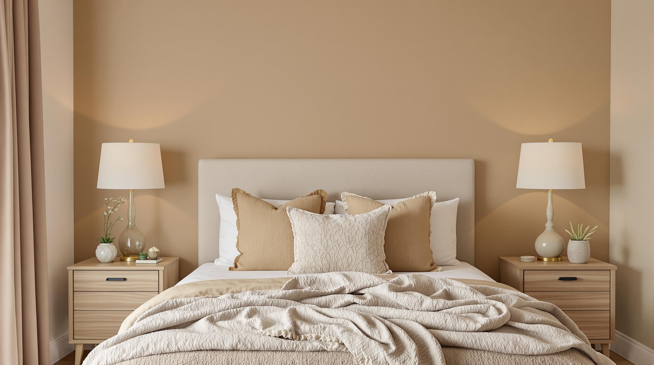 A bedroom decorated in earth tones and warm neutrals, with cozy bedding and natural wood accents