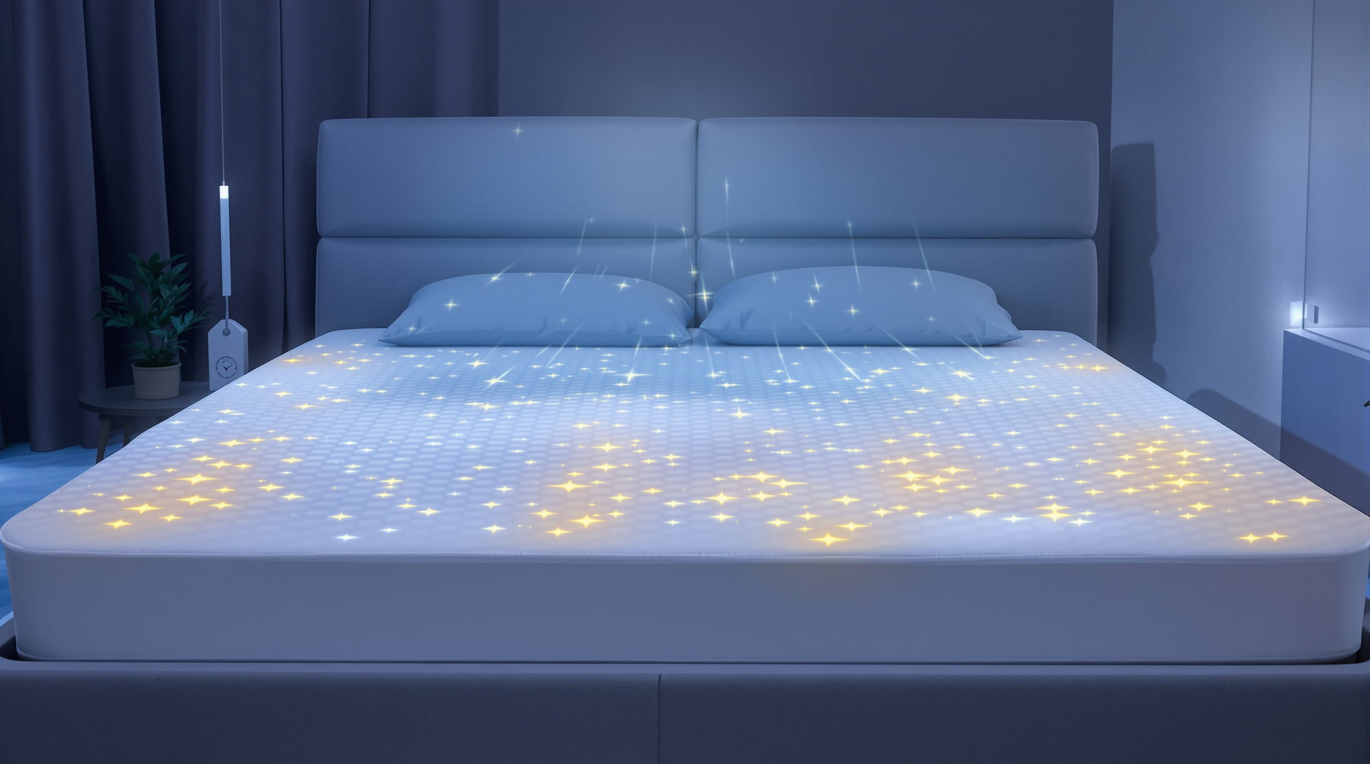 Photo of a bed with a cooling mattress pad in a softly lit bedroom, showing a restful sleeper and a sense of reduced heat.