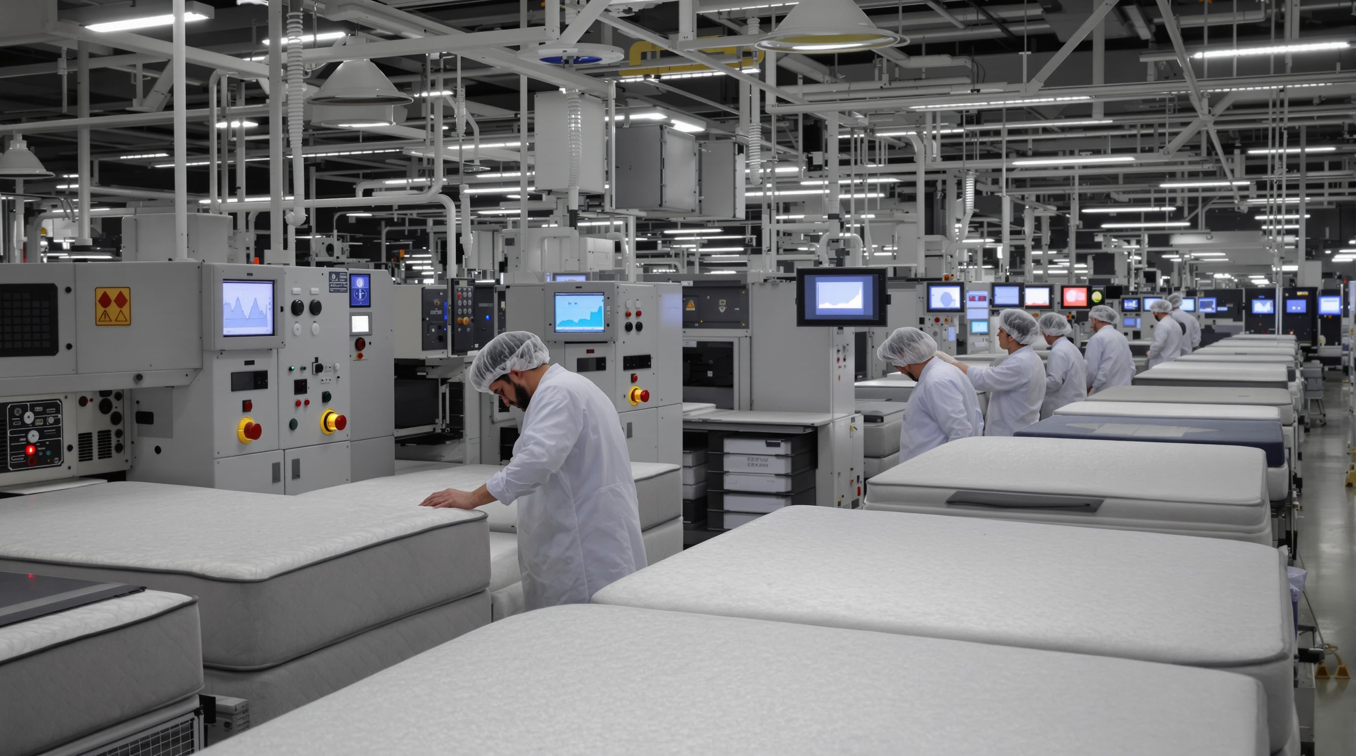 Quality inspectors examining mattresses on an organized bedding factory production line with digital quality control screens