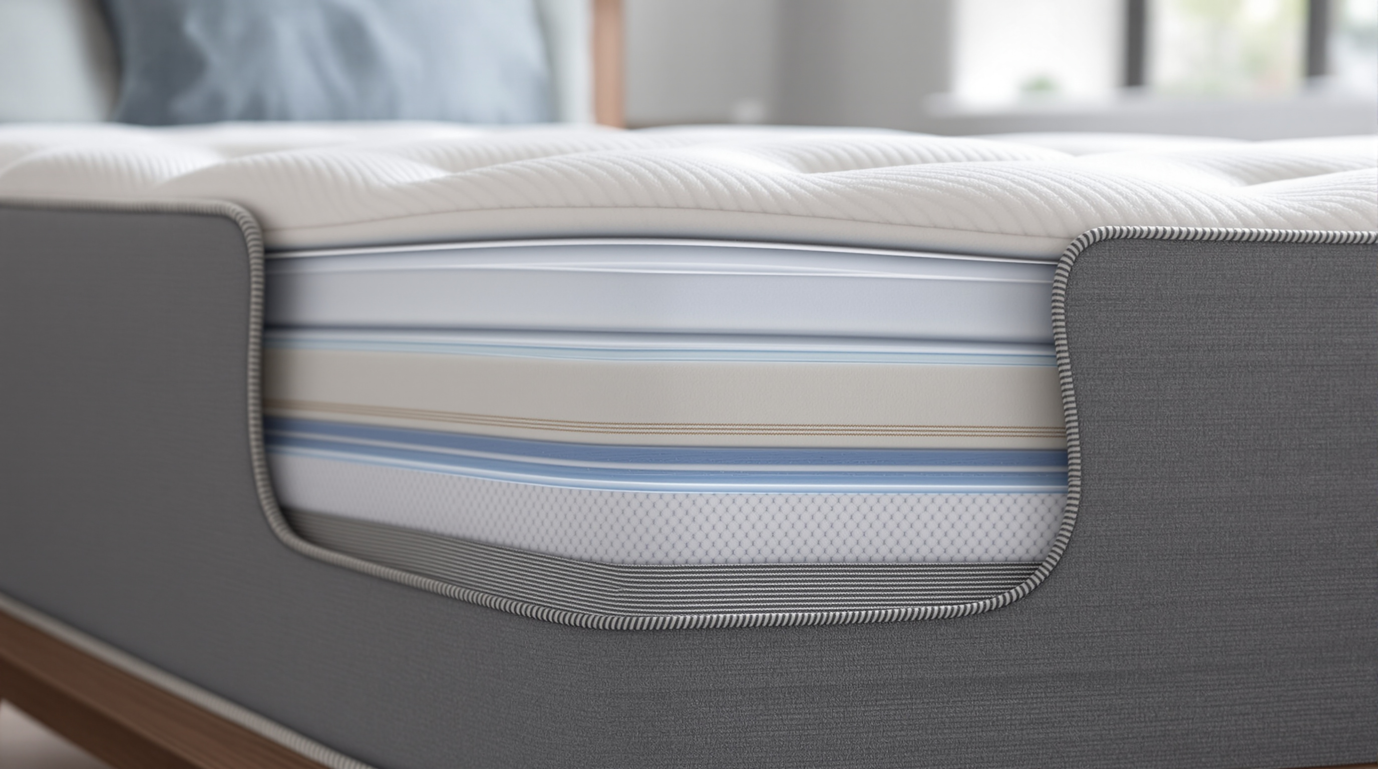 Cutaway view of a mattress showing protective layers, comfort materials, and reinforced stitching in muted tones