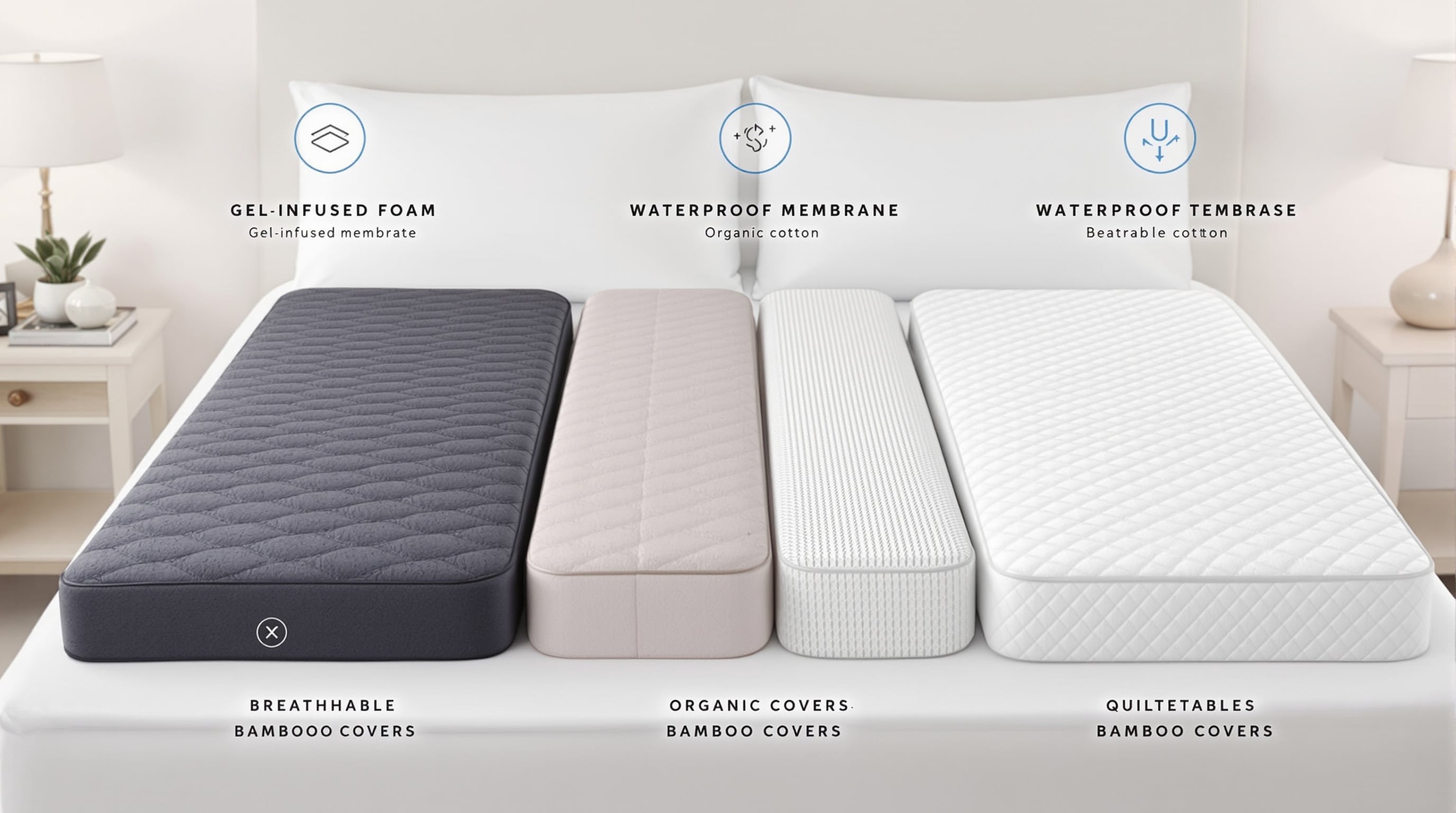 Variety of mattress pads illustrating differences in materials and features, displayed on a bed.