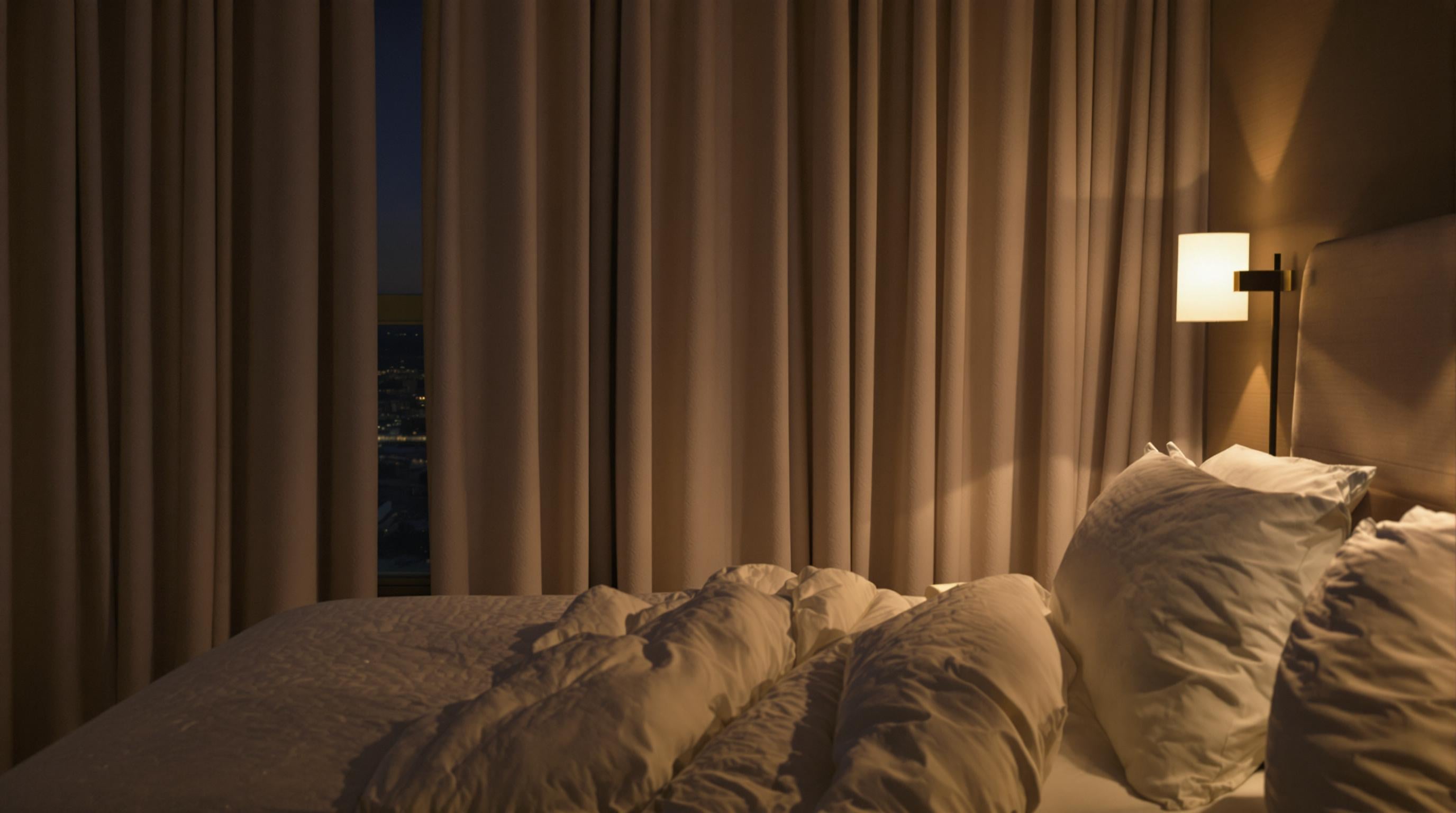 Peaceful bedroom at night featuring blackout curtains and quality bedding in a quiet, low-light setting.