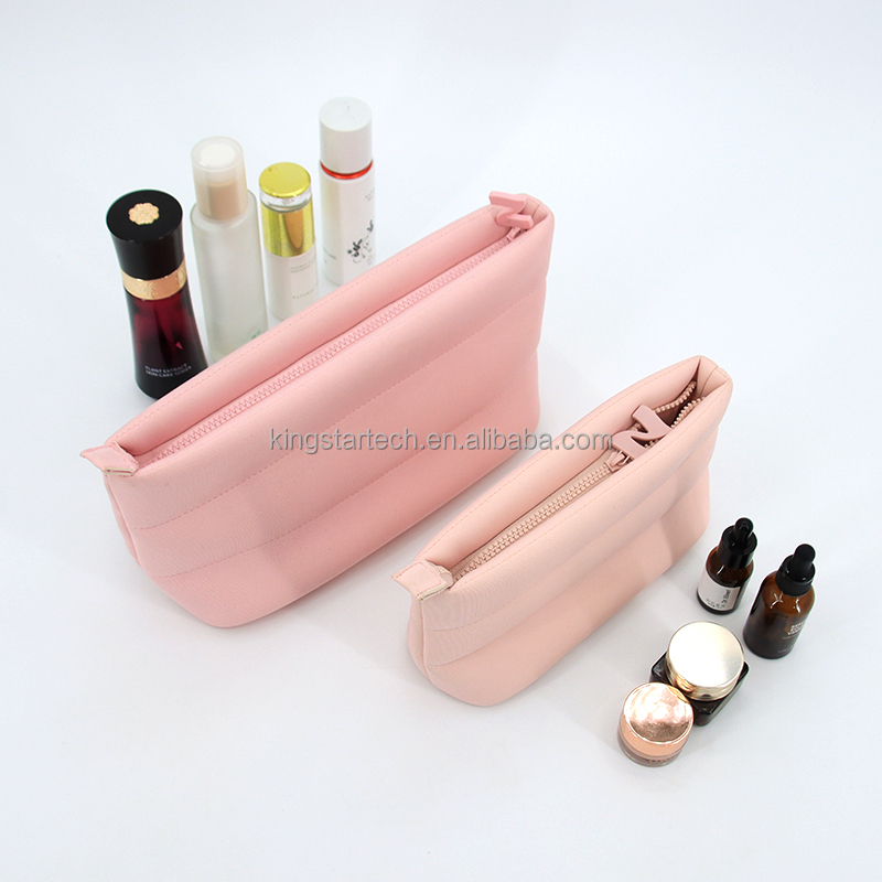 High Quality Premium Custom Logo Pink Quilted Neoprene Cosmetic Bags, Waterproof Toiletry Bag factory