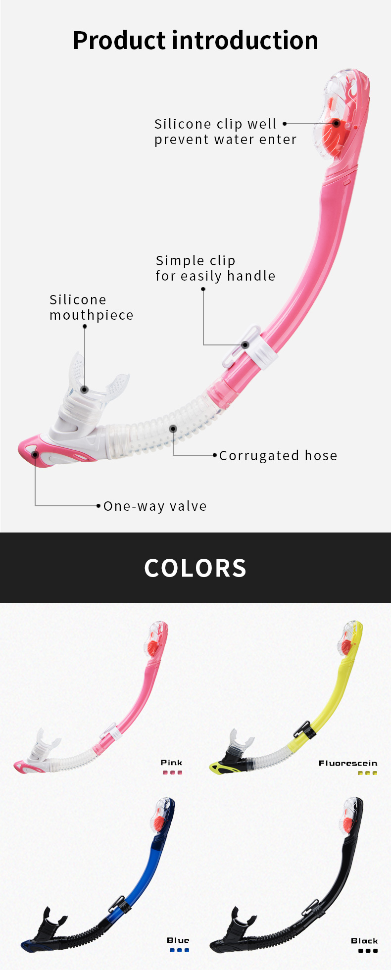 Professional Design Corrugated Hose Silicone Mouthpiece Portable Clasp Breathing Tube Free Diving Scuba Full Dry Diving Snorkel supplier