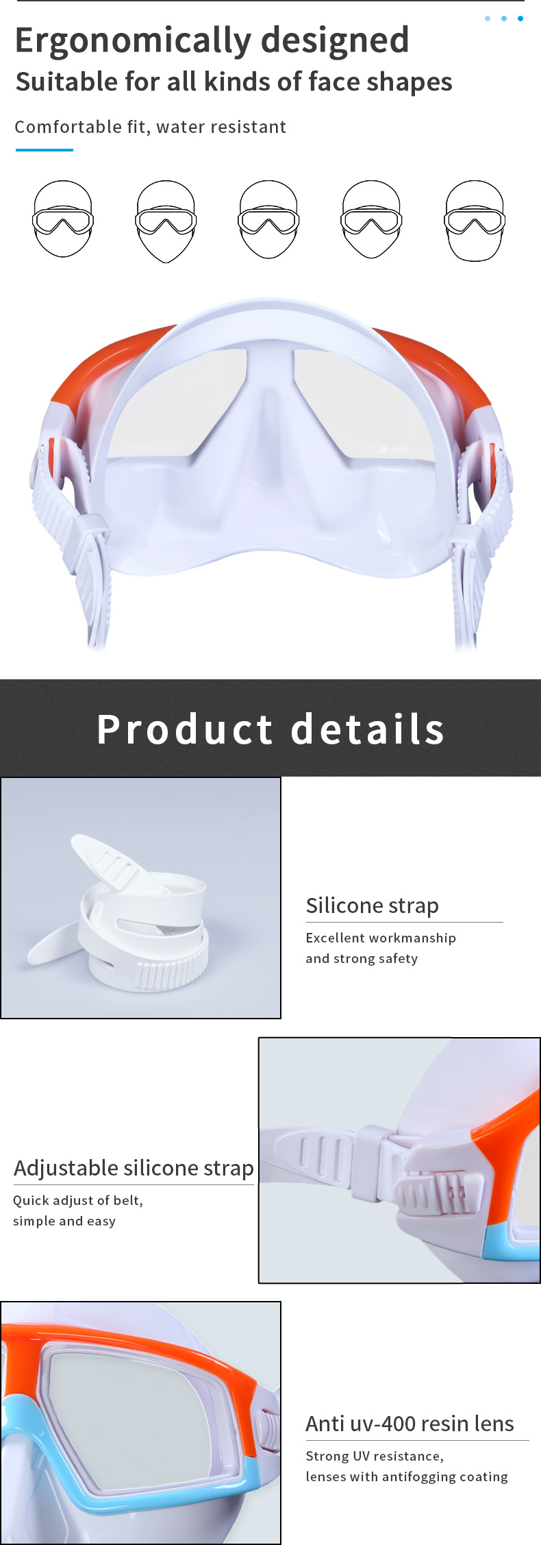 New Orange Frame 100% Liquid Silicone Anti-impact Anti-UV 400 Tempered Glass Wide Angle View Lens Freeding Spearfishing Mask supplier