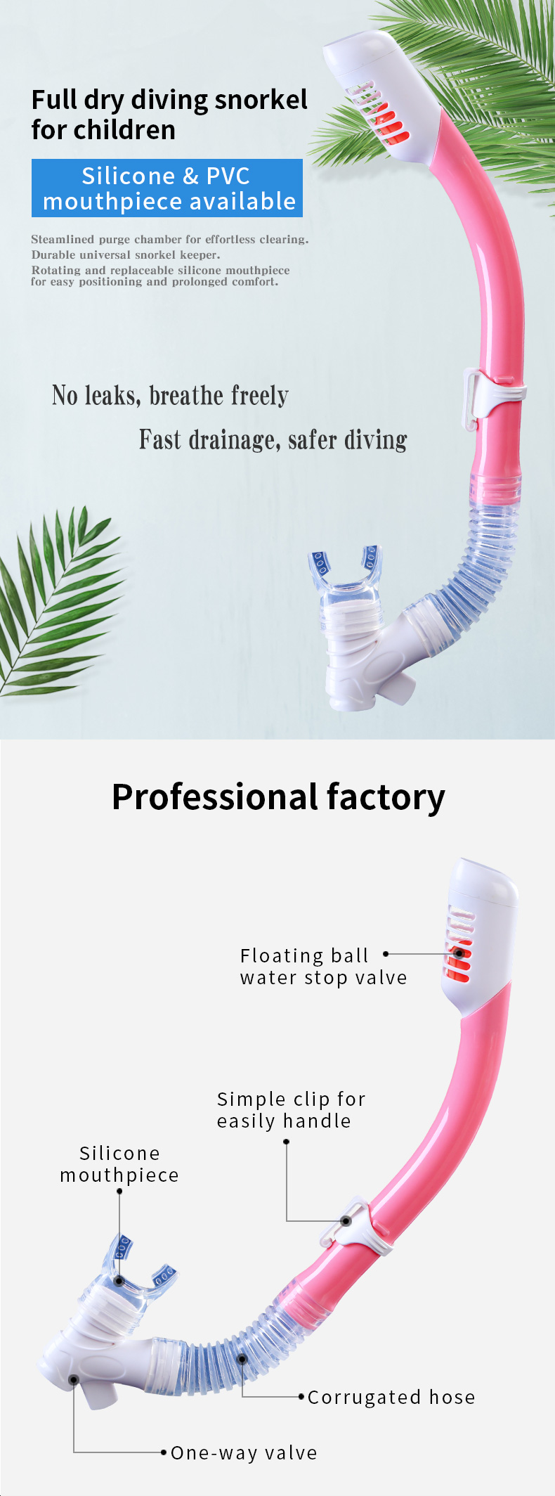 New Arrival Sport Training Underwater Swimming Safety Silicone PVC Mouthpiece Available Dry Diving Snorkel For Kids manufacture