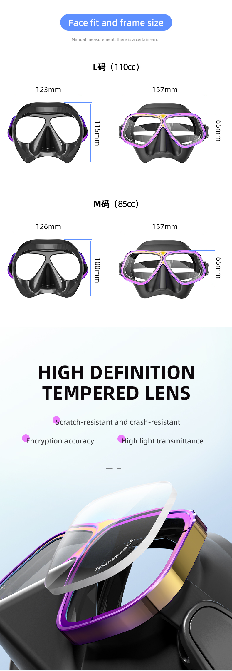 Low Volume Black and Transparent Silicone Free diving Mask details