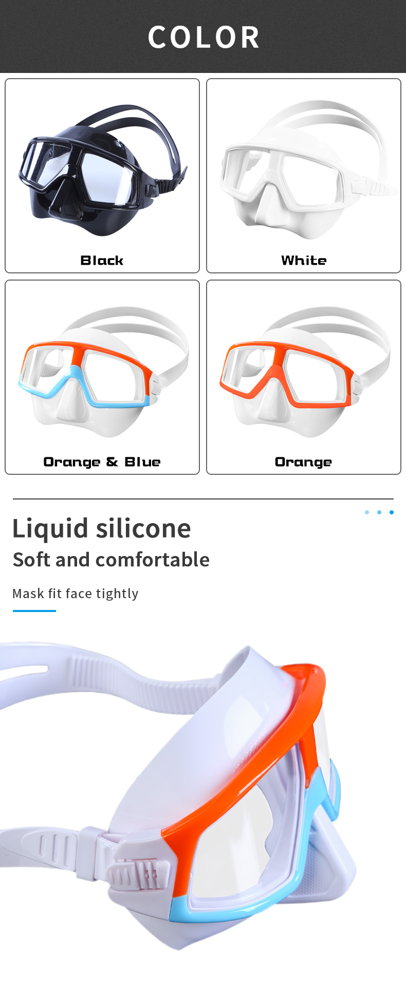 New Orange Frame 100% Liquid Silicone Anti-impact Anti-UV 400 Tempered Glass Wide Angle View Lens Freeding Spearfishing Mask supplier