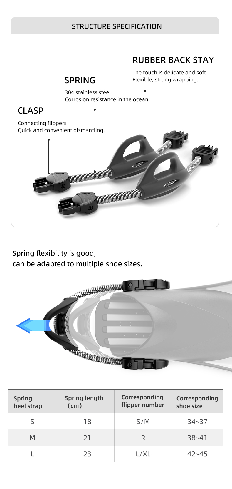 High Elasticity Easy Disassembly Silica Gel Spring Heel Strap for Diving Fins Flippers Diving Spring Straps supplier