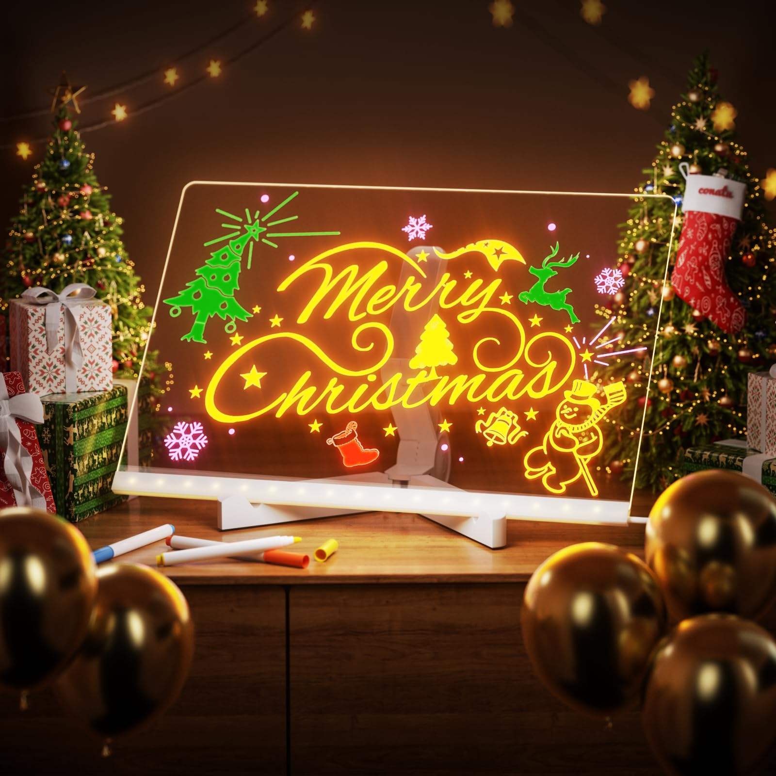 Modern Christmas Themed Transparent Acrylic Board 7 Markers Light-Up Holiday Gift Display Rack with Message Display Feature factory