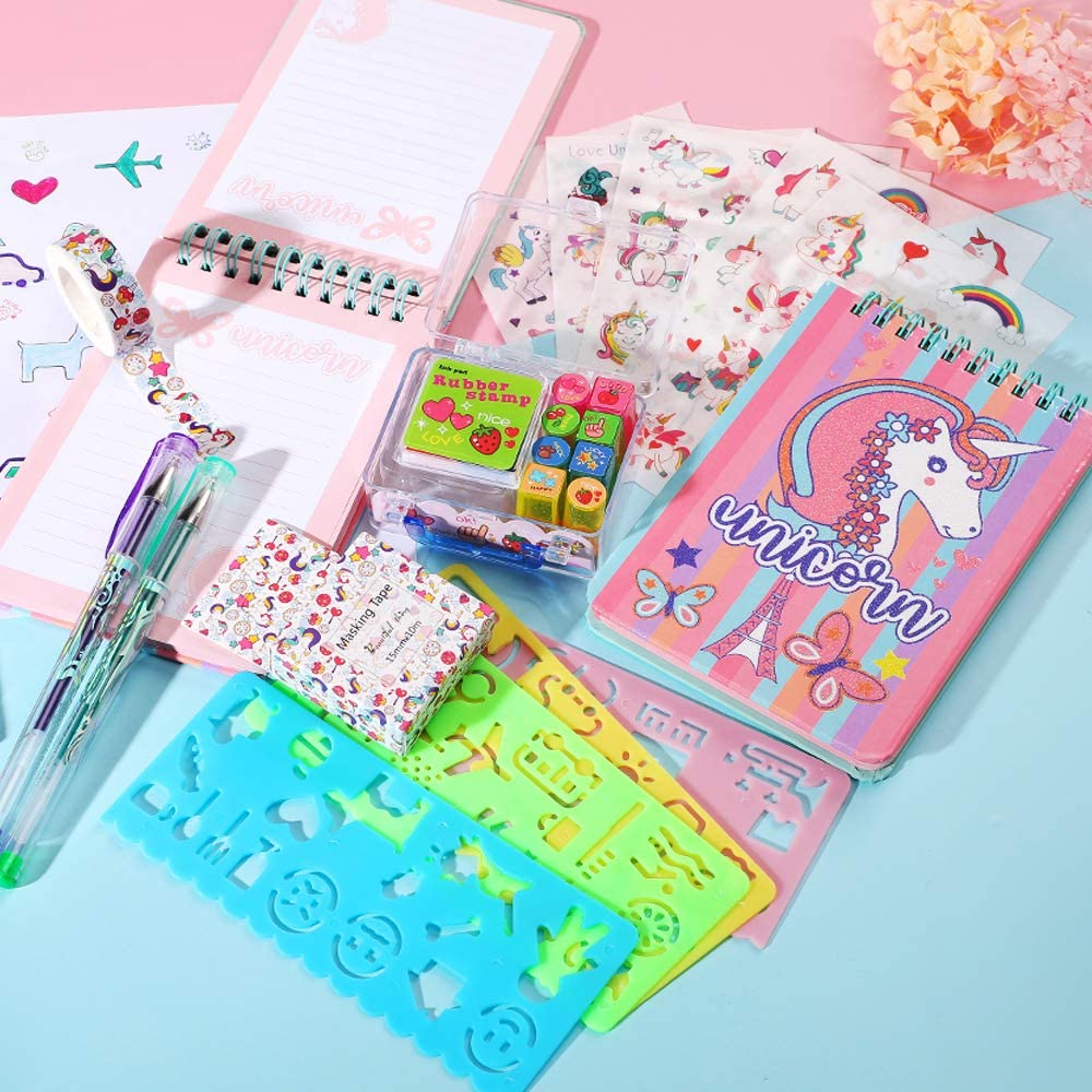 product unicorn notebook journal set for girls stationery set diary pen stickers mini stamps set and drawing stencils included-6