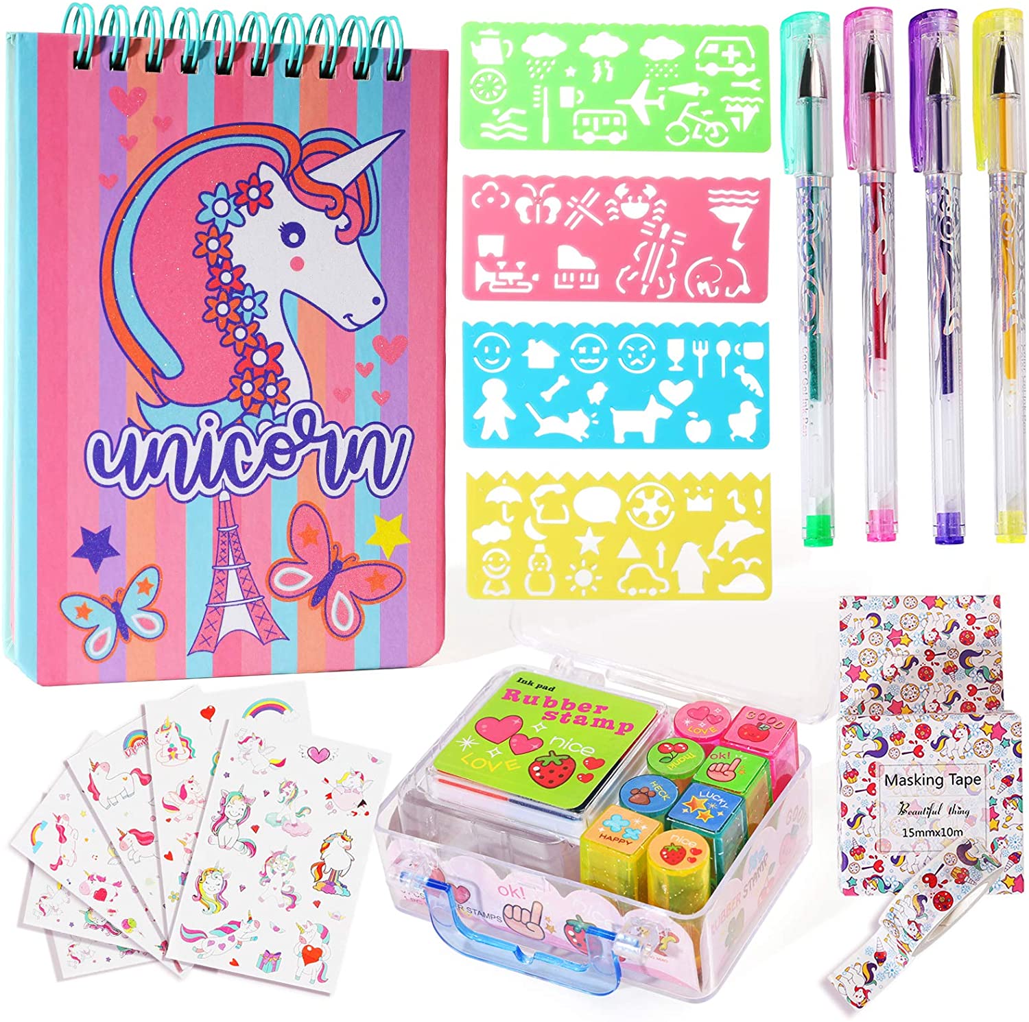 product unicorn notebook journal set for girls stationery set diary pen stickers mini stamps set and drawing stencils included-5
