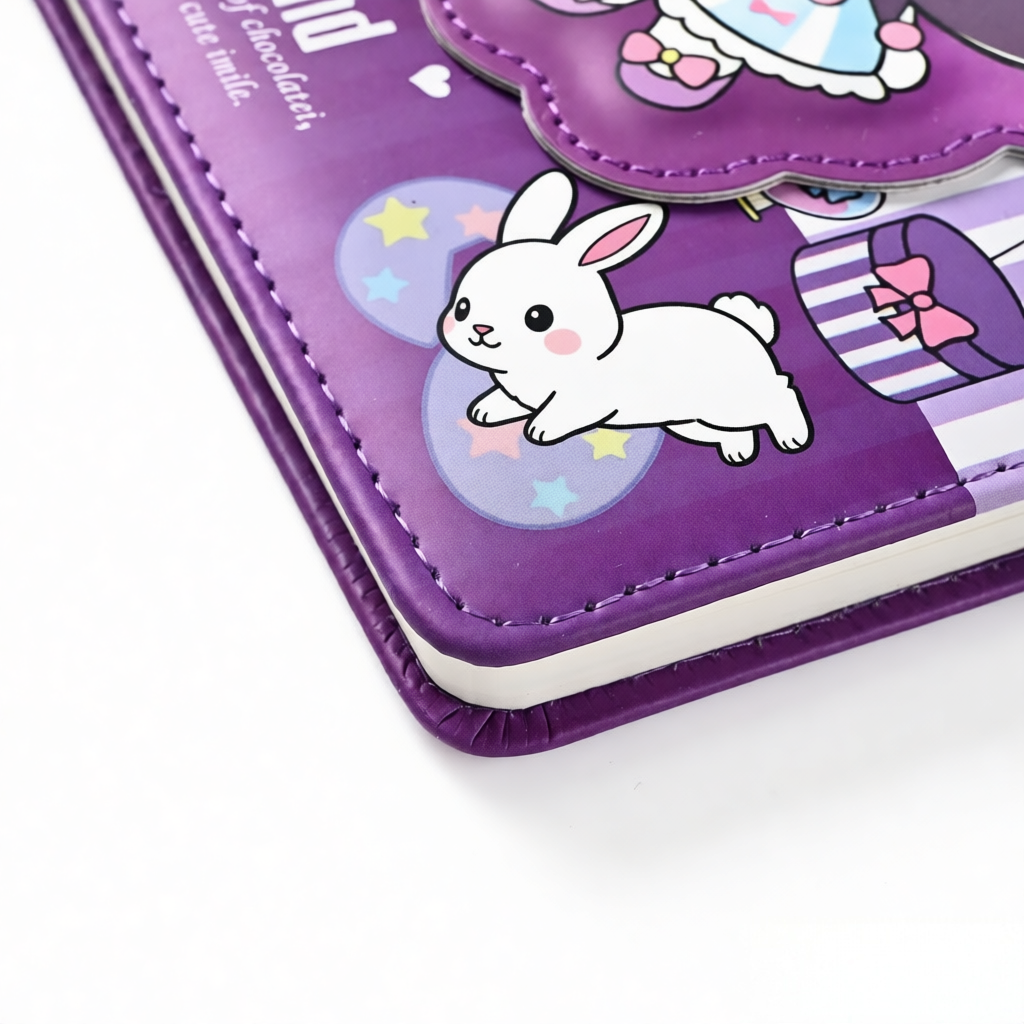product purple bunny a5 luxury diary notebook with stickers card cute hardcover pu leather cover for girls daily journaling gift-8