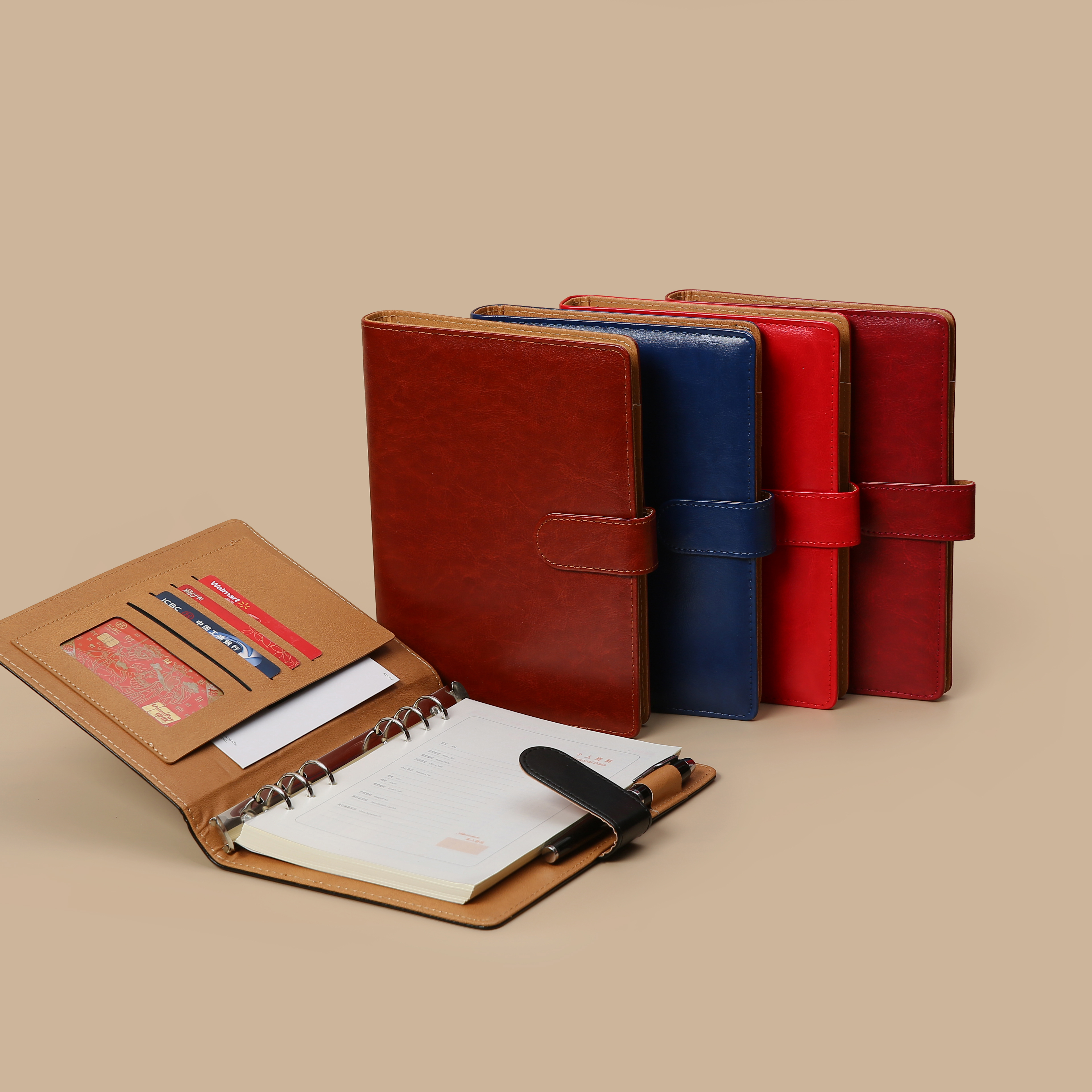 product ring binder pu leather a5 notebook durable journal stationery planner for loose leaf refillable notes interior card slot gift-7