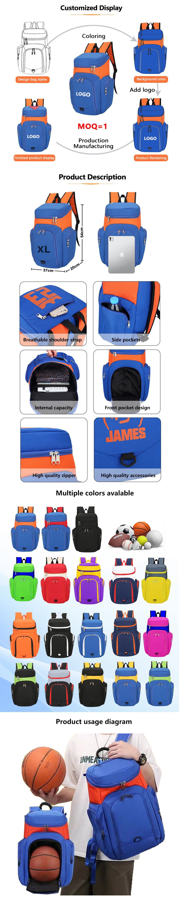 Customized Basketball Backpack with Logo Sports Team Waterproof Casual Sports School Thermal Sublimation Football Basketball Bag details
