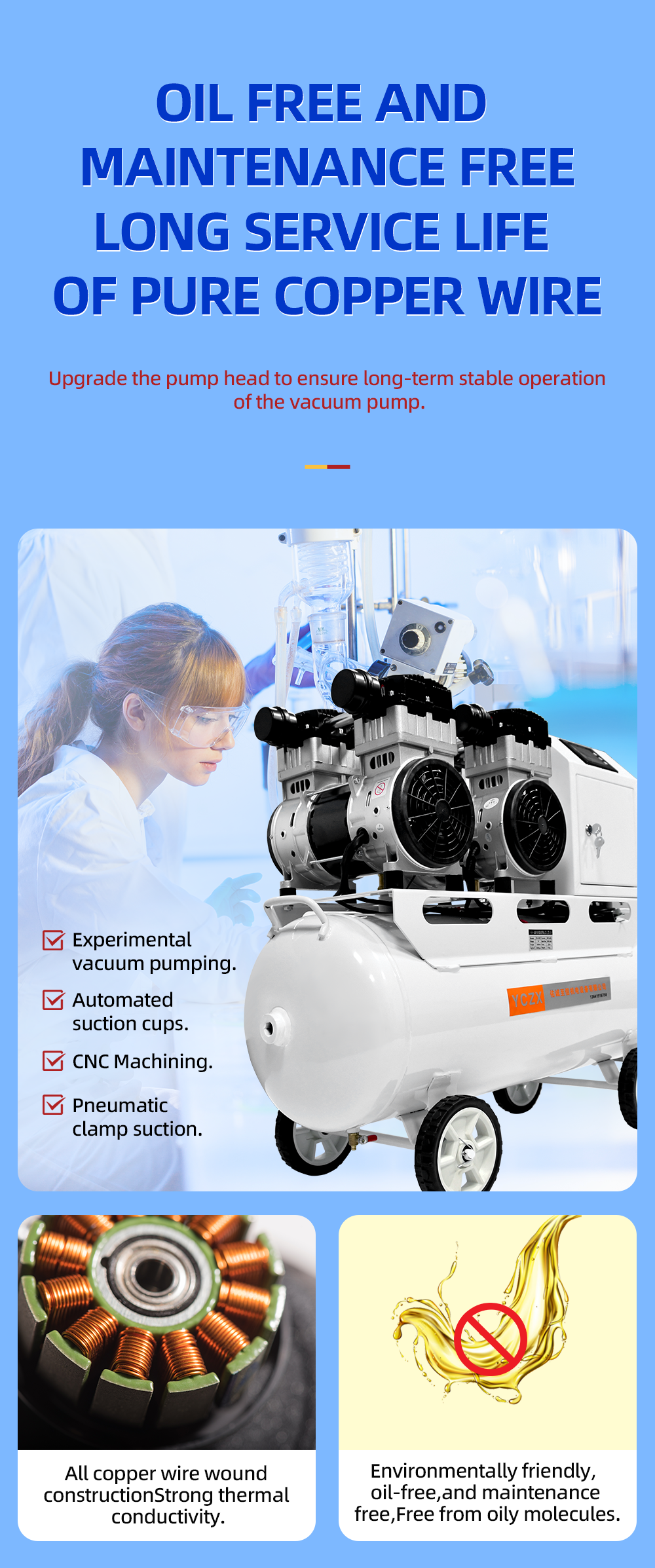 FVN-400V 2000W 220V 400L/min negative pressure oilless vacuum pump with 65L air tank  for rubber molding machine factory