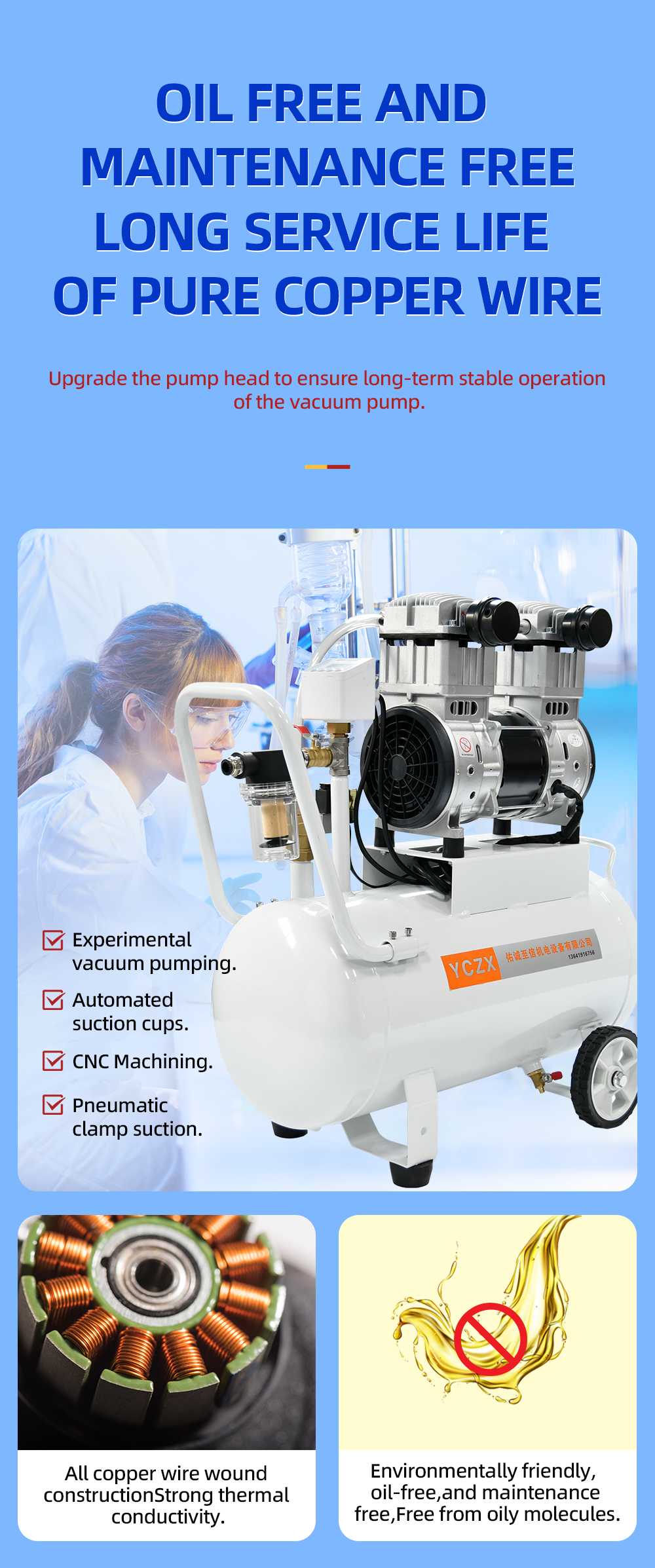 FVN-200V 1000W 220V 200L/min negative pressure oilless vacuum pump with 40L air tank for rubber molding machine details