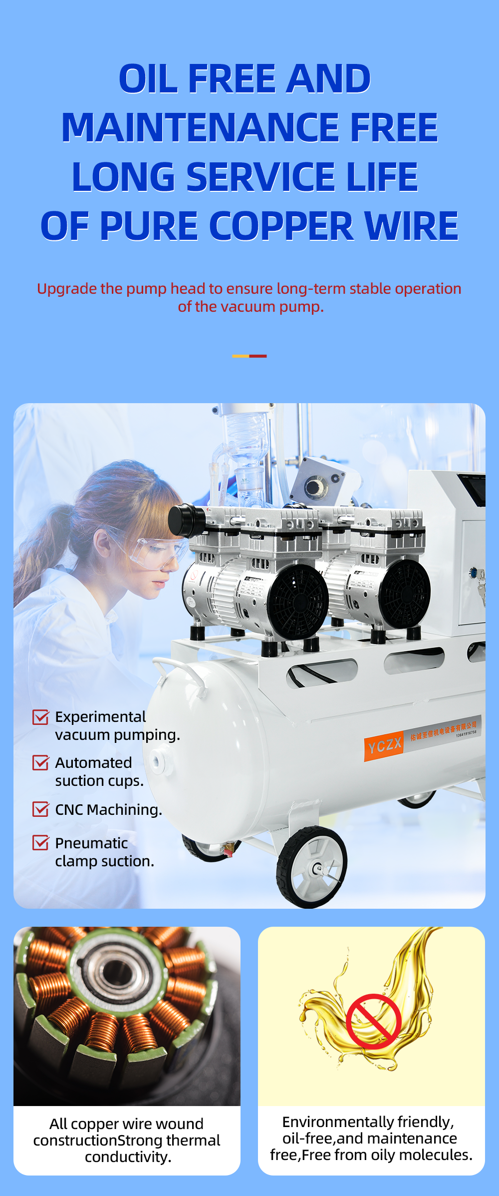 FVN-180V-2 1200W 220V 320L/min negative pressure oilless vacuum pump with 65L air tank for rubber molding machine details