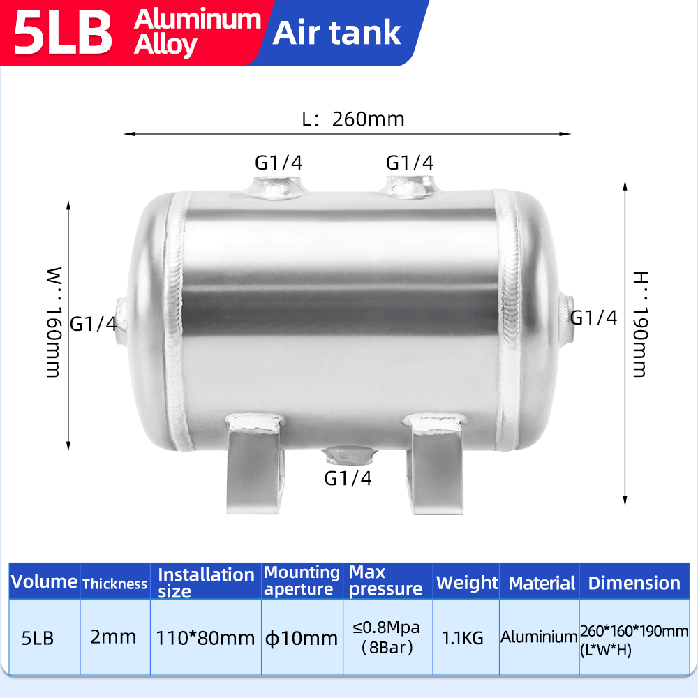 YC-5L-A/B-AH 8Bar Aluminium Horizontal Air Storage Tank Vacuum Receiver Tank For Truck Suspension Beauty Equipment factory