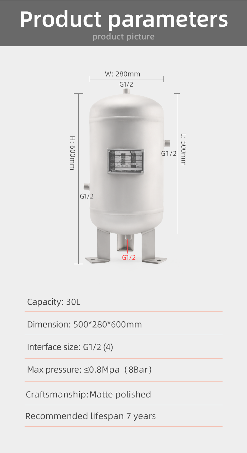 YC-30L-SSVM Portable Vertical  Stainless Steel Compressed Air Storage Tank details