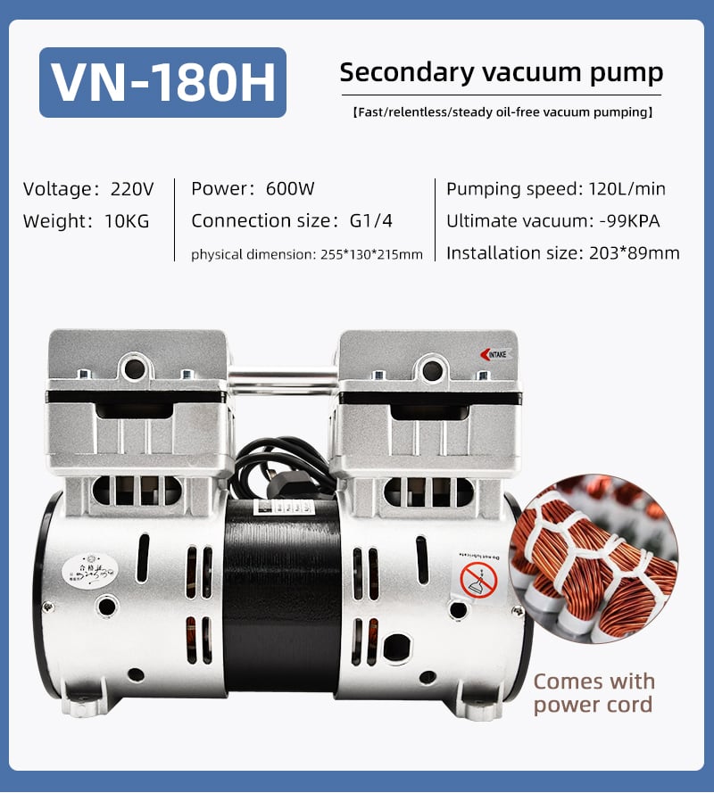 VN-180H 220V 600W 120L/min High pressure Factory Customize 220v Negative Pressure Pumping Suction Small Oil Free Vacuum Pump manufacture
