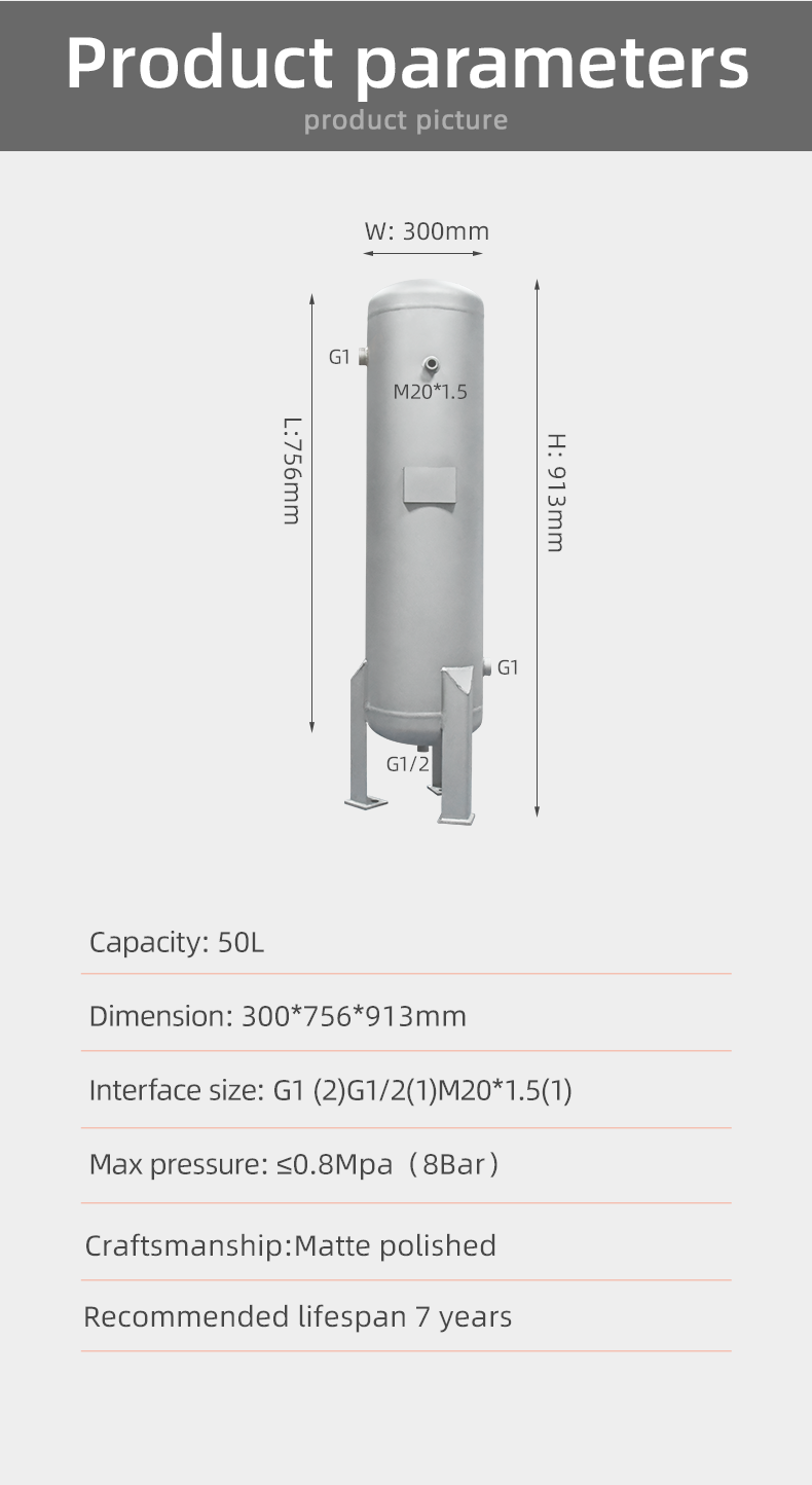 YC-50L-SSVM Portable Vertical  Stainless Steel Compressed Air Storage Tank details