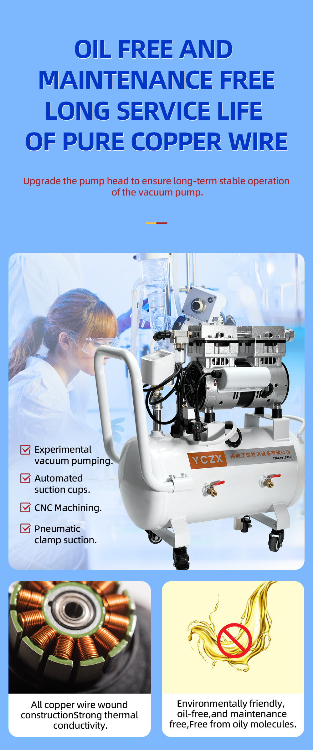 FVN-120V 370W 220V 100 L/min negative pressure oilless vacuum pump with 20L air tank for rubber molding machine details