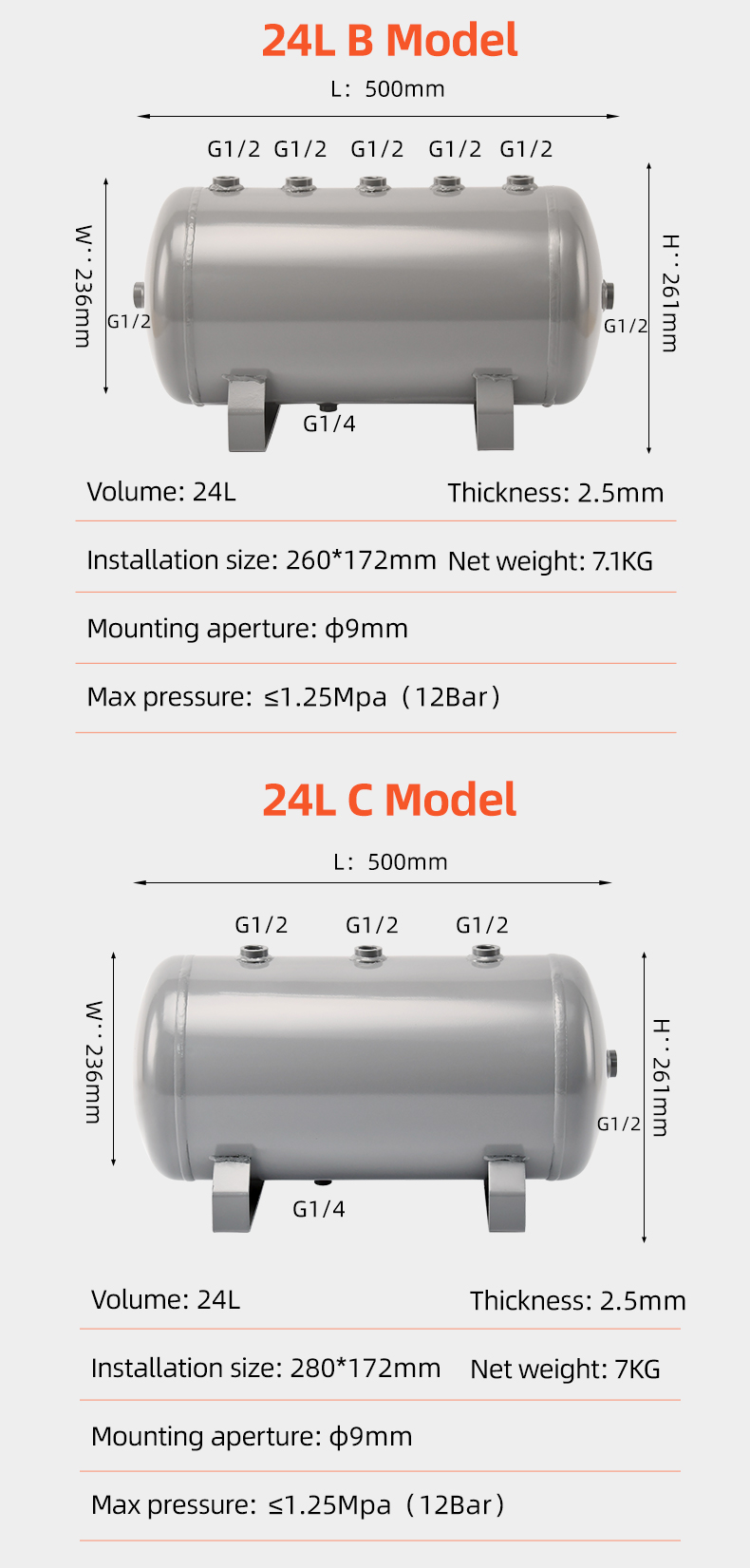 YC-24L-CSH 12bar Carbon steel horizontal seamless air storage tank air tank details