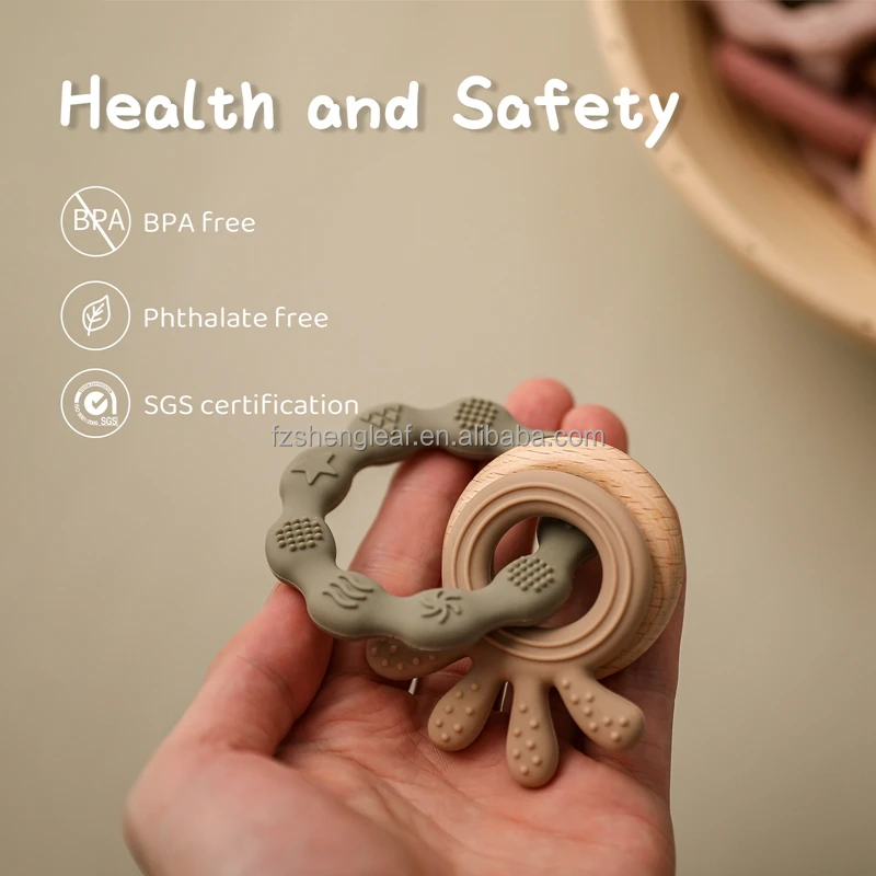 Unisex Newborn Pacifier Ring Food-Grade Silicone Teether BPA Free Rattles Bracelet Soft Cartoon Teething Toys Baby Teethers details