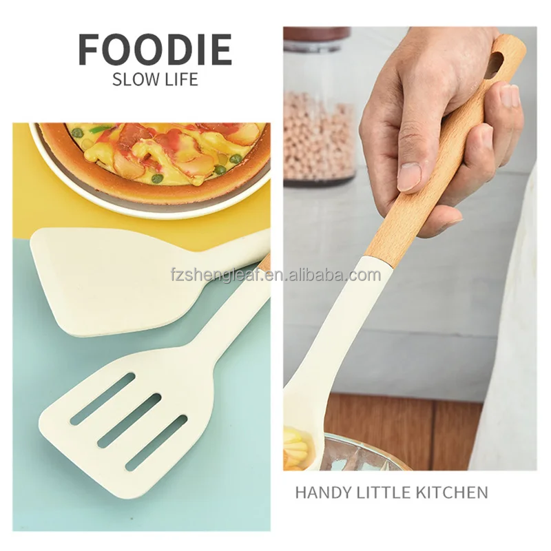 Cookware Handle Spatula Spoons Cuisine Accessories Non-Stick Silicone Luxury Portable Wooden Customized Novelty Eco-Friendly factory