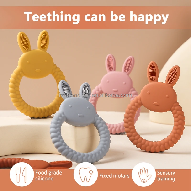 Unisex Newborn Pacifier Ring Food-Grade Silicone Teether BPA Free Rattles Bracelet Soft Cartoon Teething Toys Baby Teethers details