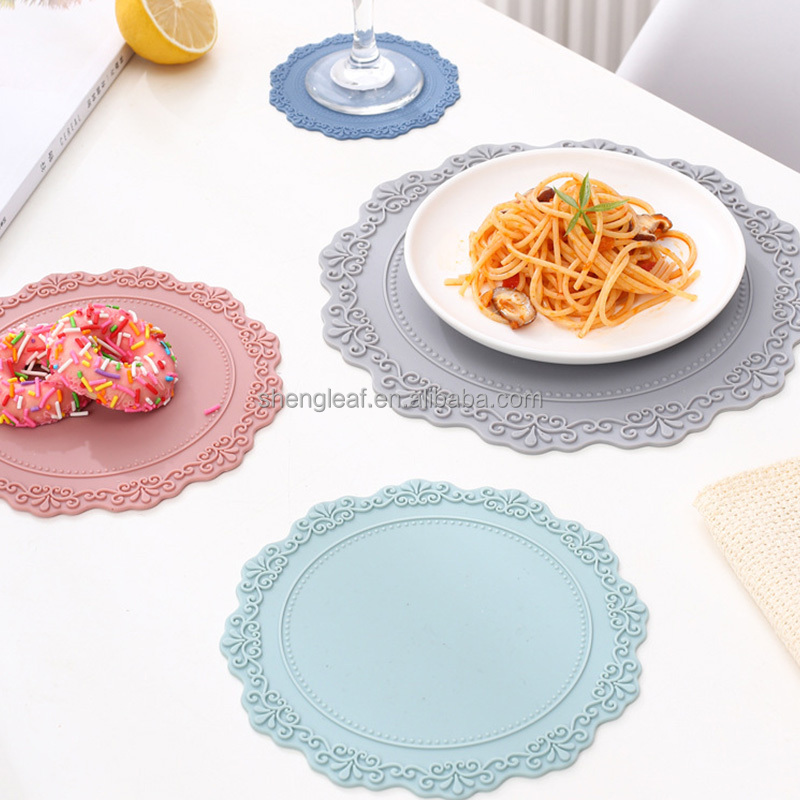 Custom Eco-Friendly Heat Resistant Silicone Coasters & Place Mats with Scalloped Edge and Lace Embossed Design for Dining Table factory