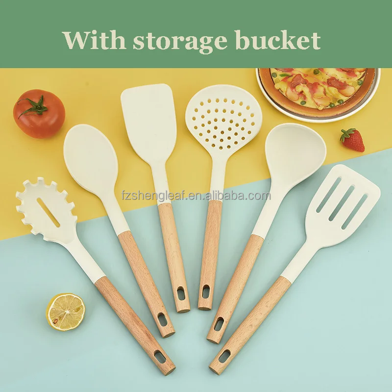 Cookware Handle Spatula Spoons Cuisine Accessories Non-Stick Silicone Luxury Portable Wooden Customized Novelty Eco-Friendly factory