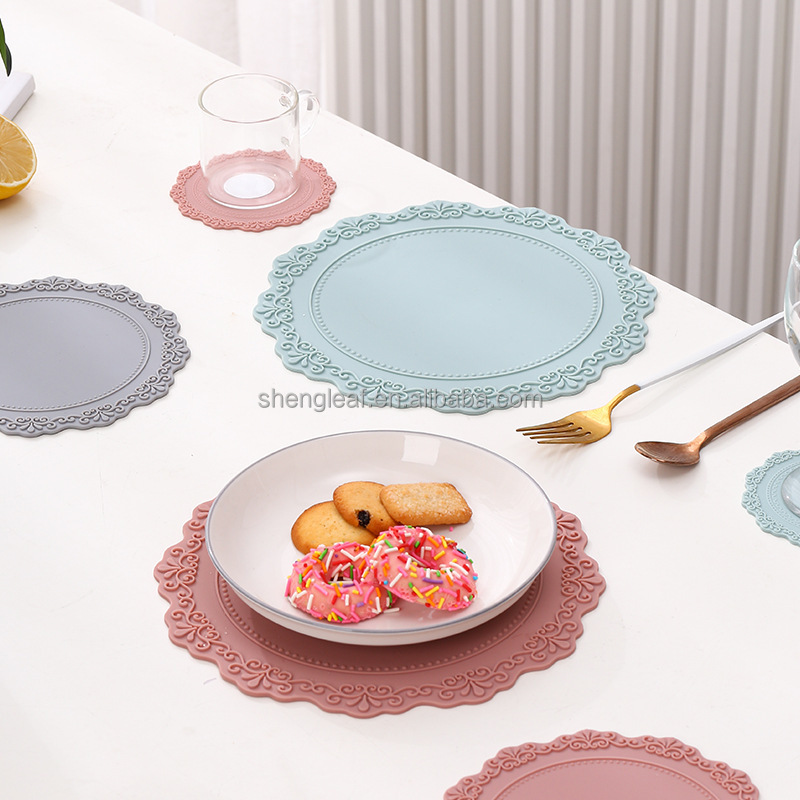 Custom Eco-Friendly Heat Resistant Silicone Coasters & Place Mats with Scalloped Edge and Lace Embossed Design for Dining Table supplier
