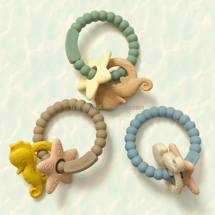 Round Beads Food Grade BPA-Free Custom Silicone Baby Teether Soft Chewable Toy Pacifier Ring Unisex Ages 0-24M details
