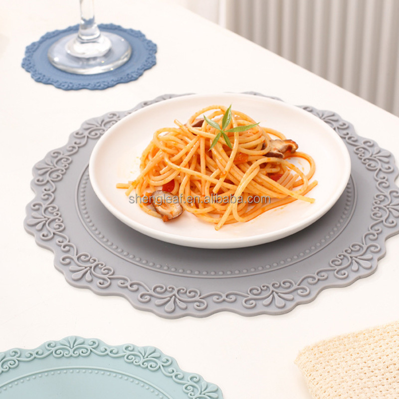 Custom Eco-Friendly Heat Resistant Silicone Coasters & Place Mats with Scalloped Edge and Lace Embossed Design for Dining Table manufacture