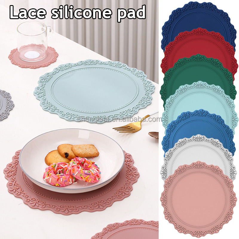 Custom Eco-Friendly Heat Resistant Silicone Coasters & Place Mats with Scalloped Edge and Lace Embossed Design for Dining Table details