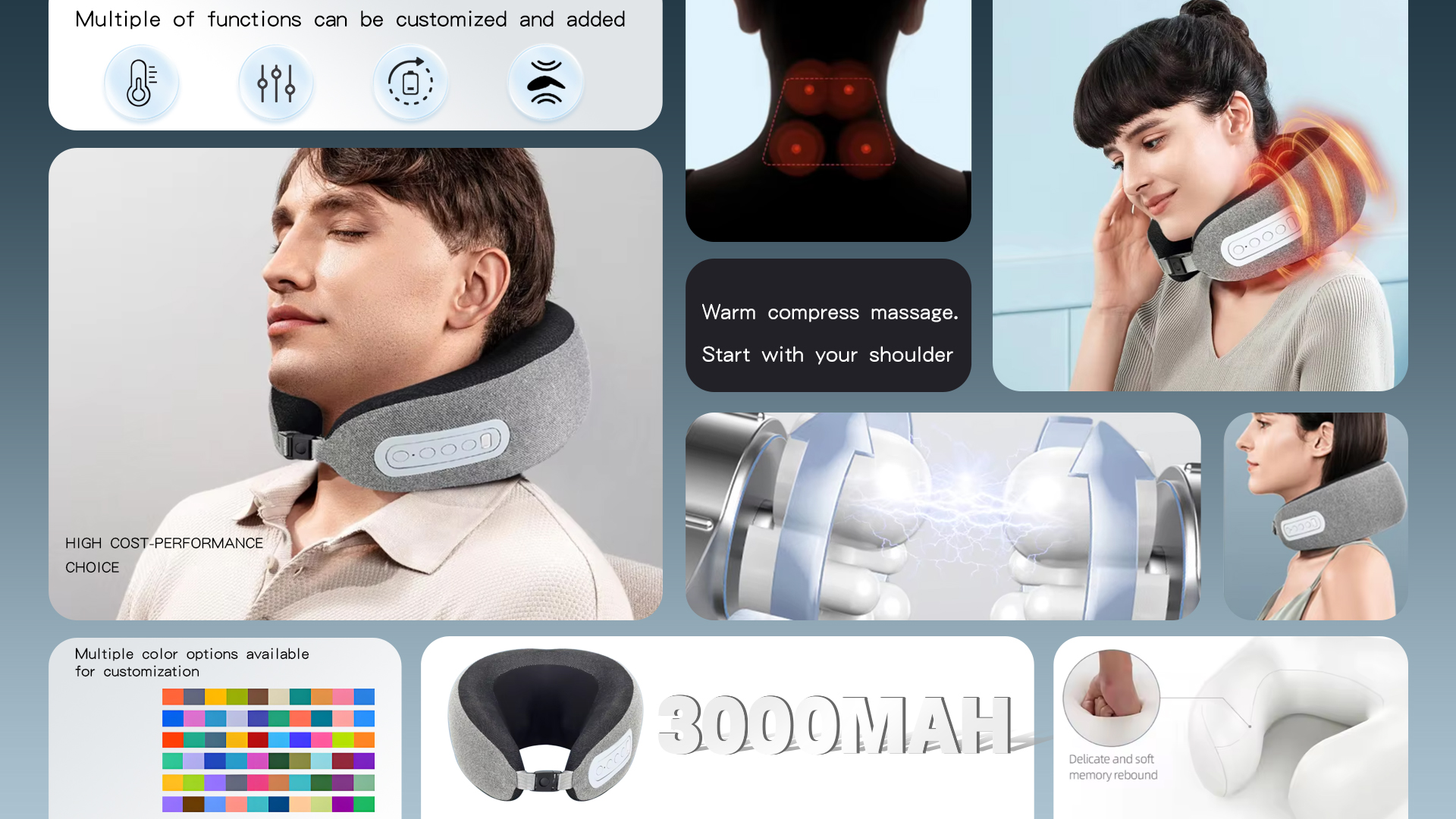 product high end u shape neck massager pillow dual motor travel airplane memory foam with graphene heating pad-11