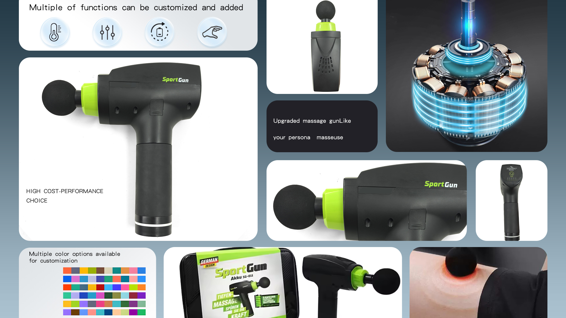 product portable massage gun 5 interchangeable heads 5 speed levels deep tissue brushless motor wireless remote usb rechargeable body-3