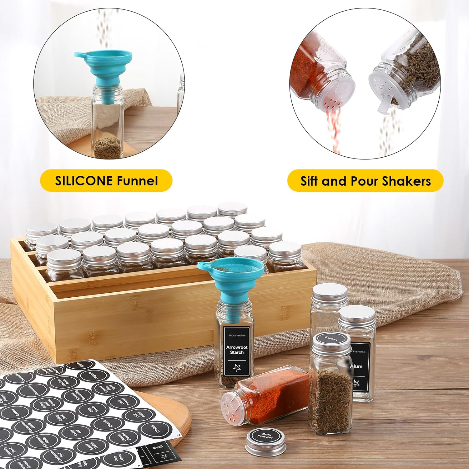 Bamboo Spice Rack Box Organizer Hanging Shelf With 28 Spice Jars for Drawer Cabinet Kitchen Countertop Wall Mount Spice Holder factory