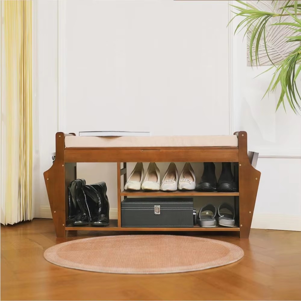 3-Layer Bamboo Shoe Rack Concealed Drawer Storage Platform Cushion for Home Entry Living Room Multi-Purpose Shoe Organizer manufacture