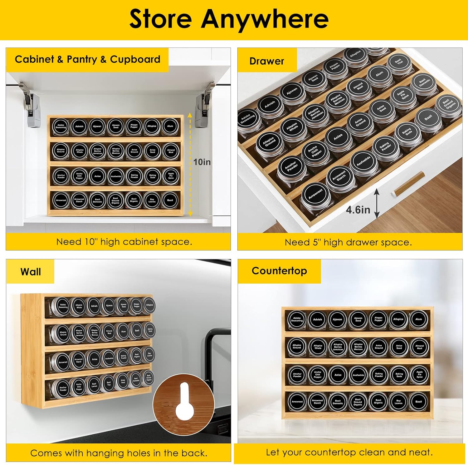 Bamboo Spice Rack Box Organizer Hanging Shelf With 28 Spice Jars for Drawer Cabinet Kitchen Countertop Wall Mount Spice Holder details