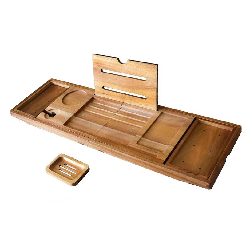 Elegant Acacia Wood Bathtub Caddy Extending Sides Double Cup Tablet Holder Wholesale Foldable Bath Tray for Home Bathroom Use manufacture