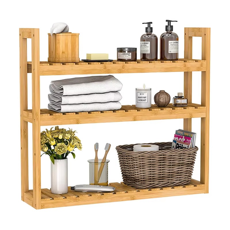 product 3 tier modern bamboo bathroom spice shelf wall mounted space saving floating storage rack shower vanity toilet multipurpose-2
