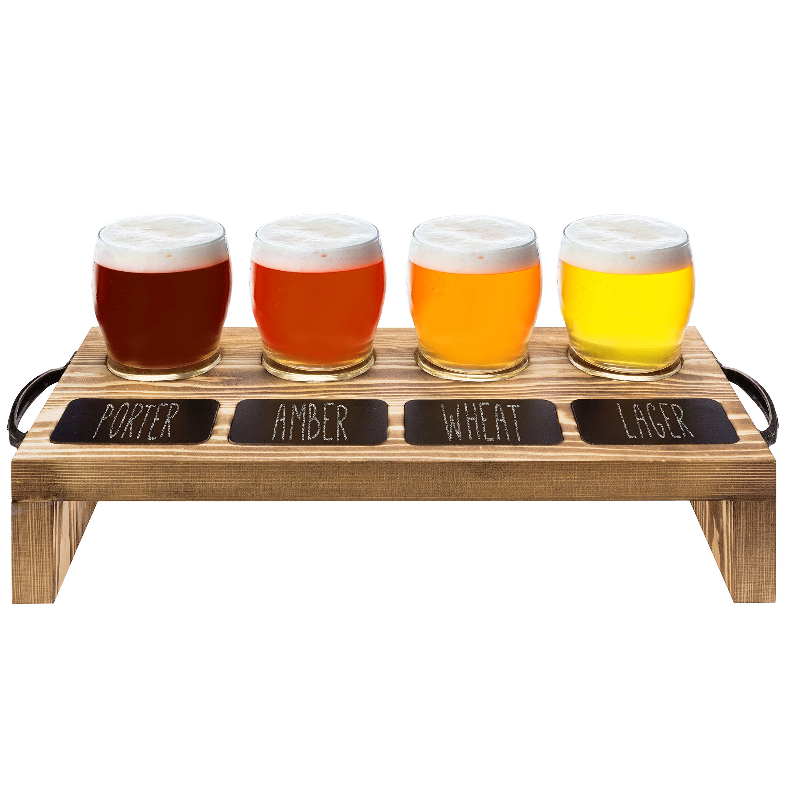 product custom wood beer flight tray with metal handle chalkboard labels 4 glass beer tasting sampler set with beer serving paddle-7