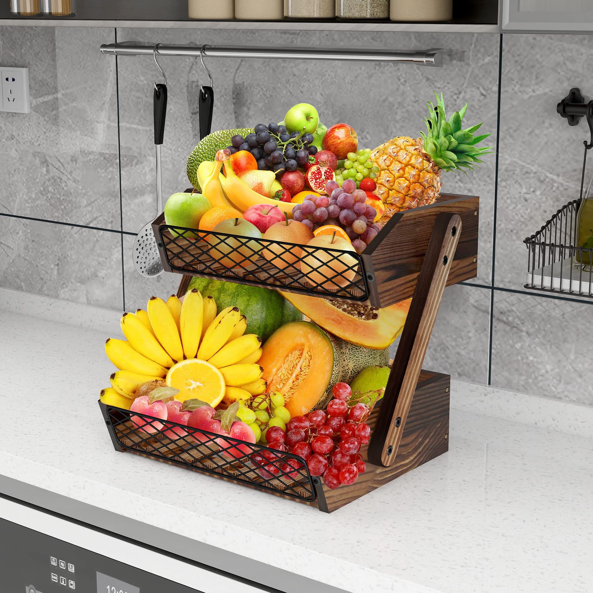 product custom 2 tier wooden fruit basket stand kitchen countertop produce storage organizer for vegetables snacks-7